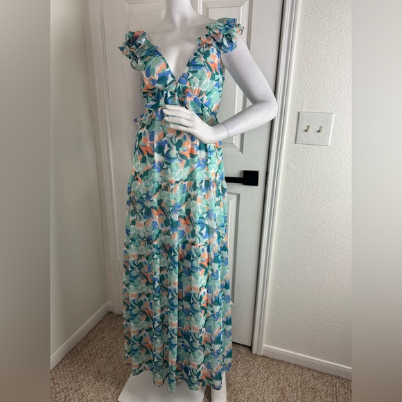 She + Sky Blue and Green Plunge Sundress   A39 - Picture 1 of 13